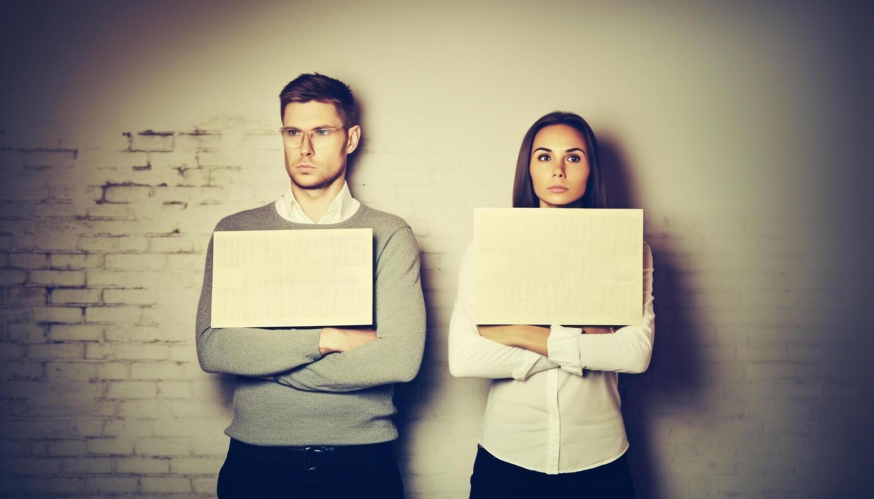 Successful business team of young adults holding presentation in office generated by AI photo