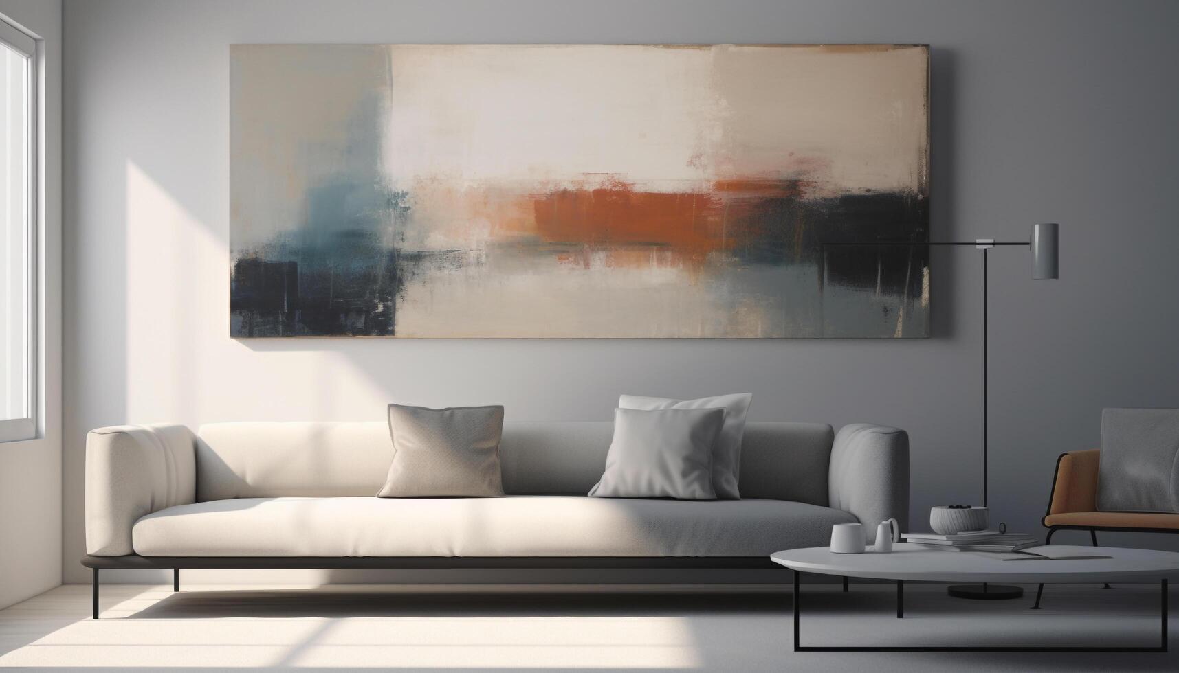 A modern living room with comfortable sofa, elegant chair, and paintings generated by AI photo