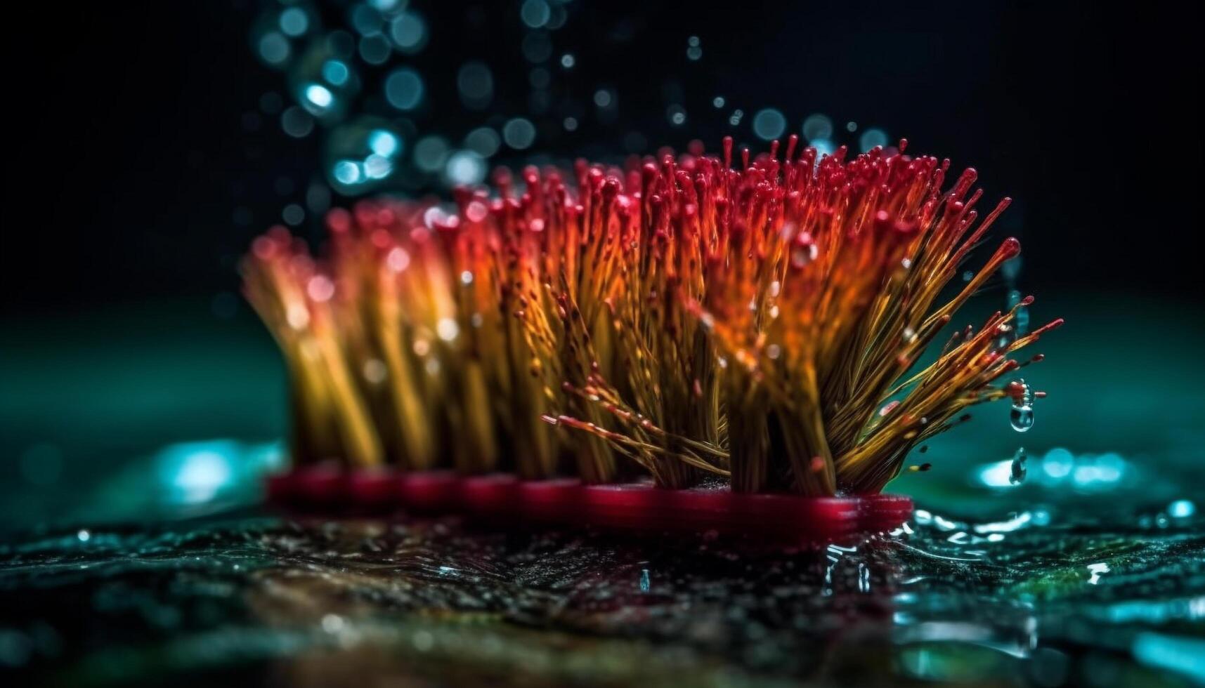A glowing, multi colored flower head illuminated underwater with dew drops generated by AI photo
