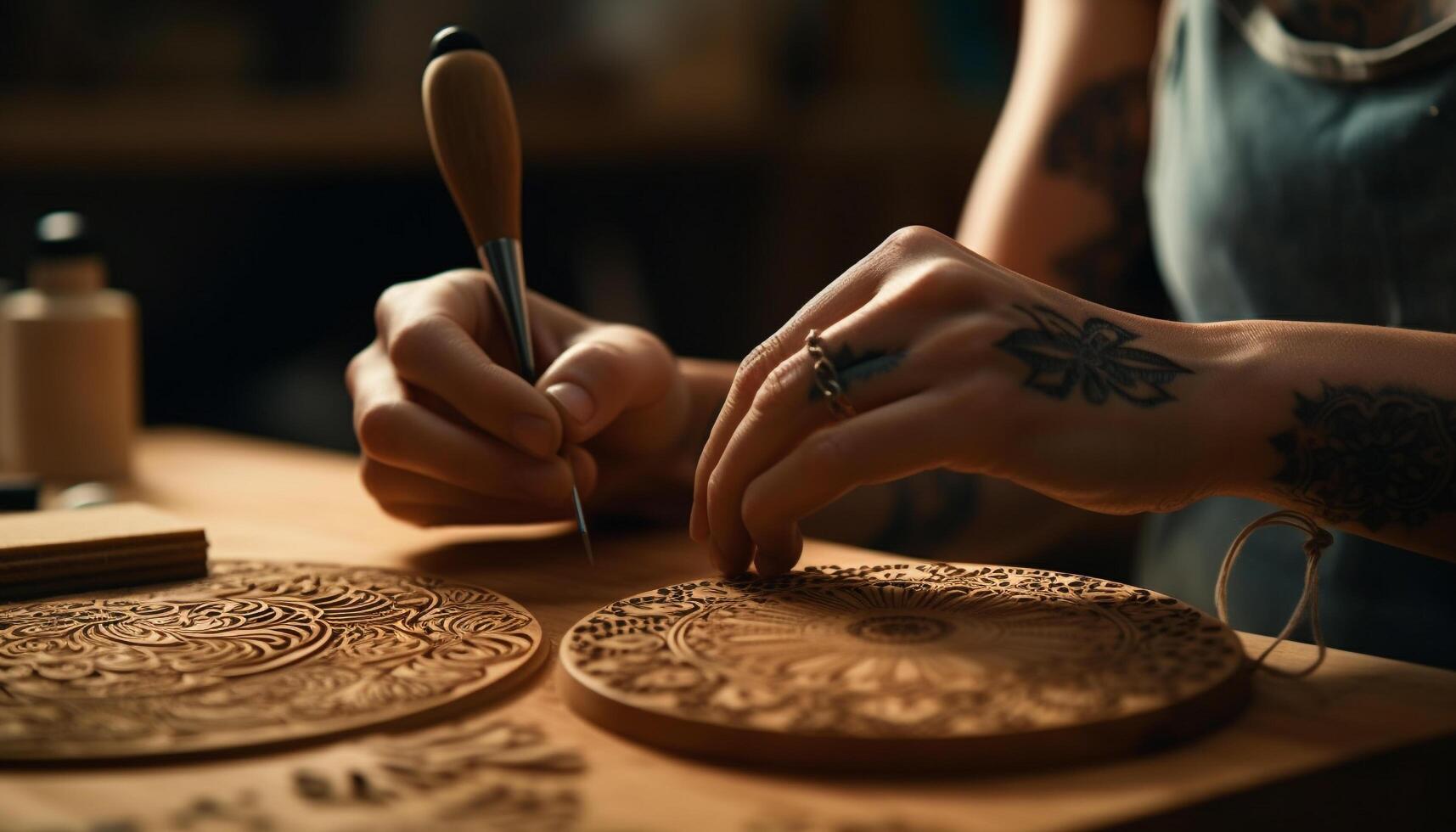 Craftsperson designs tattoo pattern using skill and work tools indoors generated by AI photo