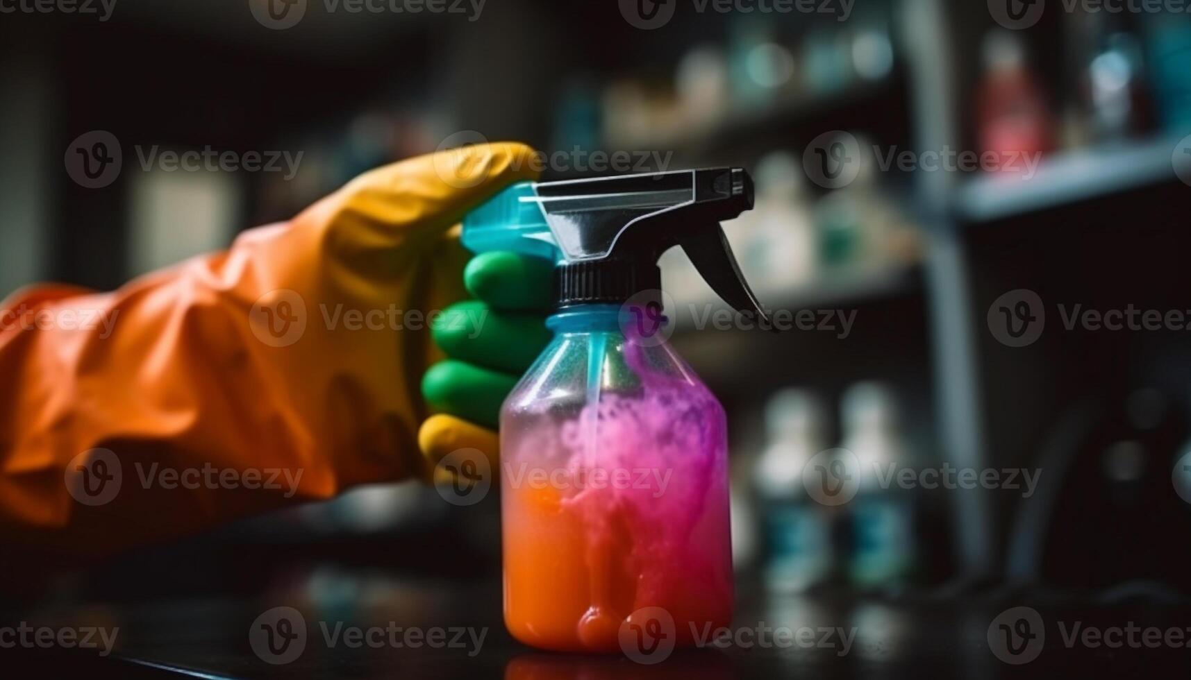 One person spraying cleaning product with protective glove in kitchen generated by AI photo