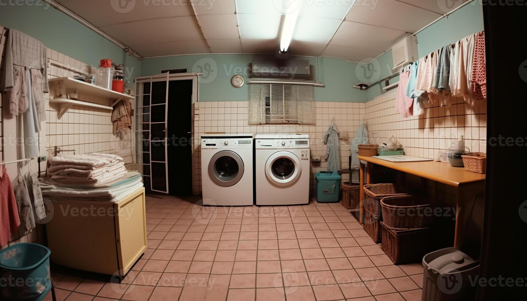 Clean laundry stack on wooden shelf in modern domestic room generated by AI photo