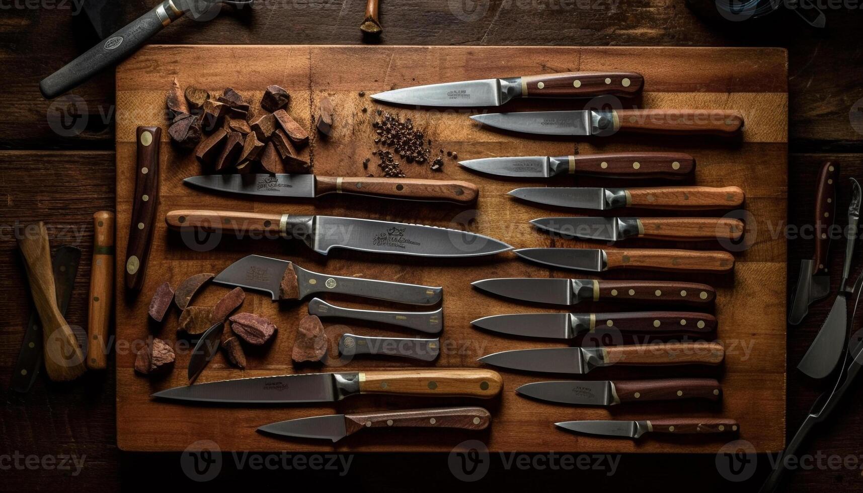 Sharp steel blades on rustic wooden cutting board for food preparation generated by AI photo