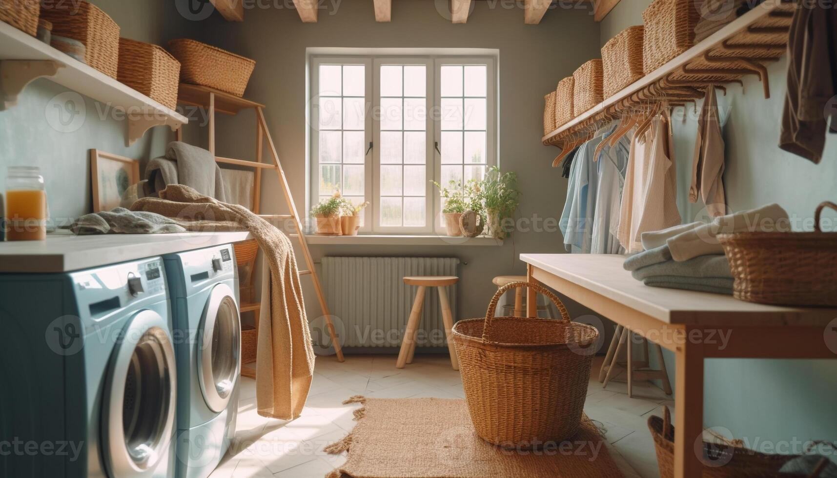 Clean laundry basket on modern wood shelf in comfortable apartment generated by AI photo