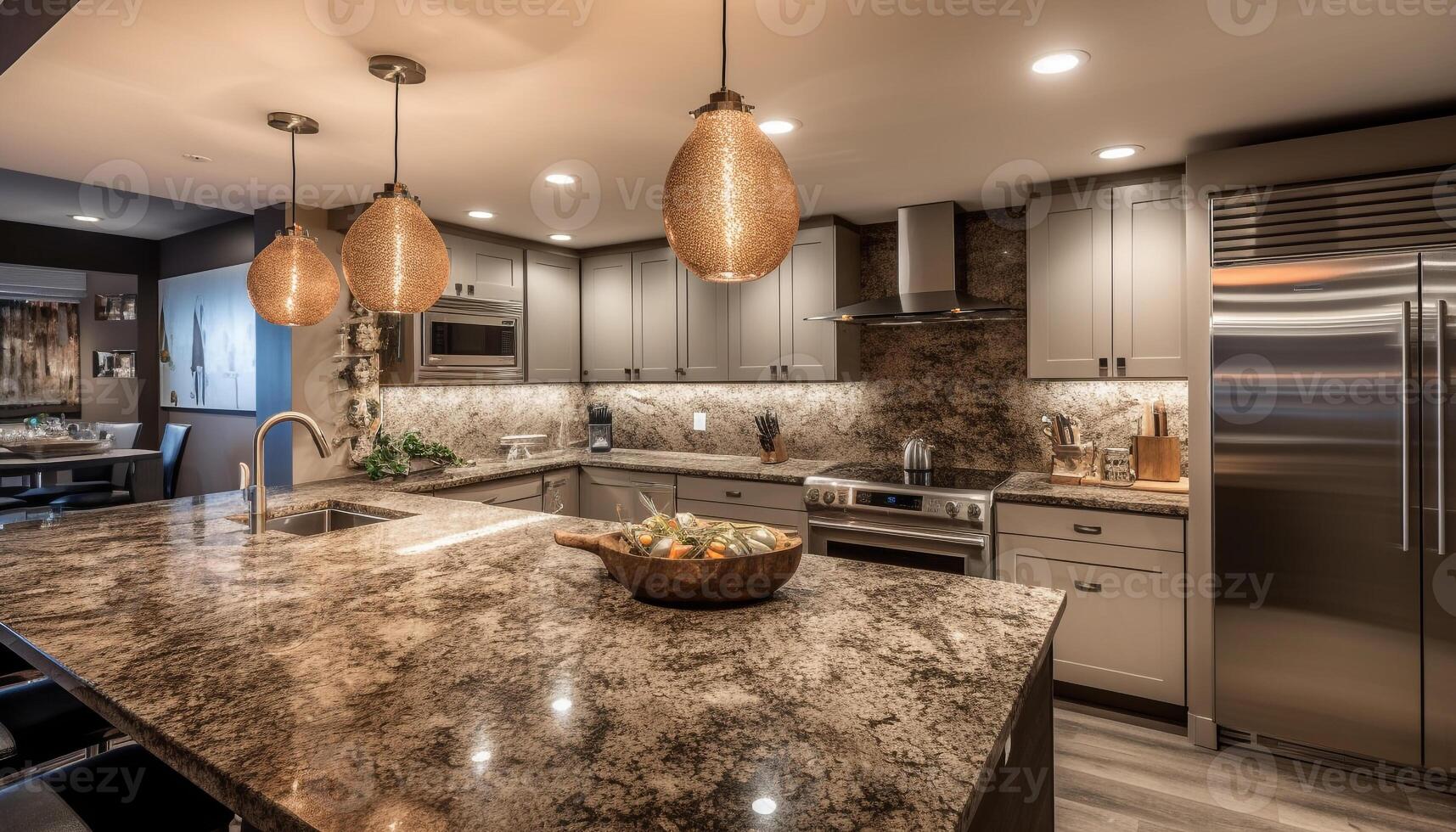 Luxury kitchen with modern design, stainless steel appliances, and marble flooring generated by AI photo