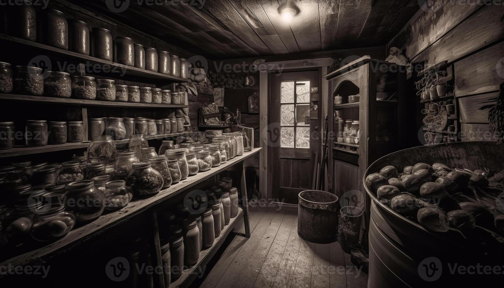 Antique wine bottles in a large cellar, a rustic collection generated by AI photo