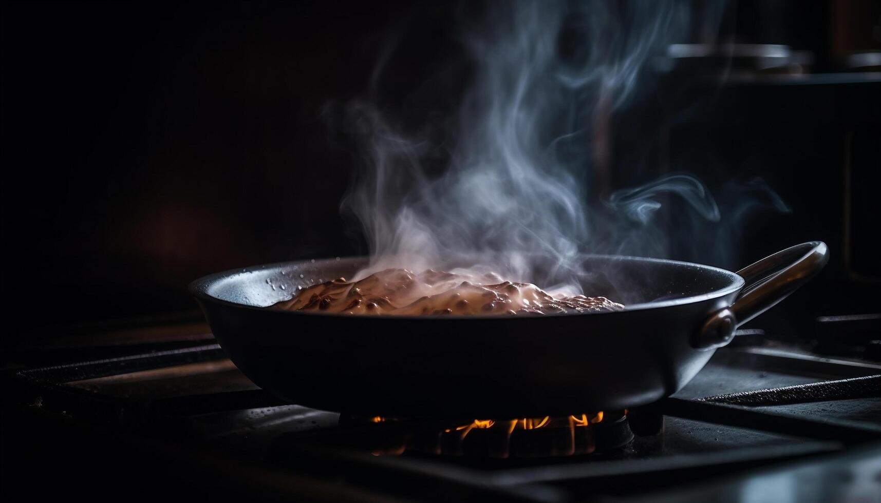 Grilled pork steak sizzling on hot stove top burner generated by AI photo