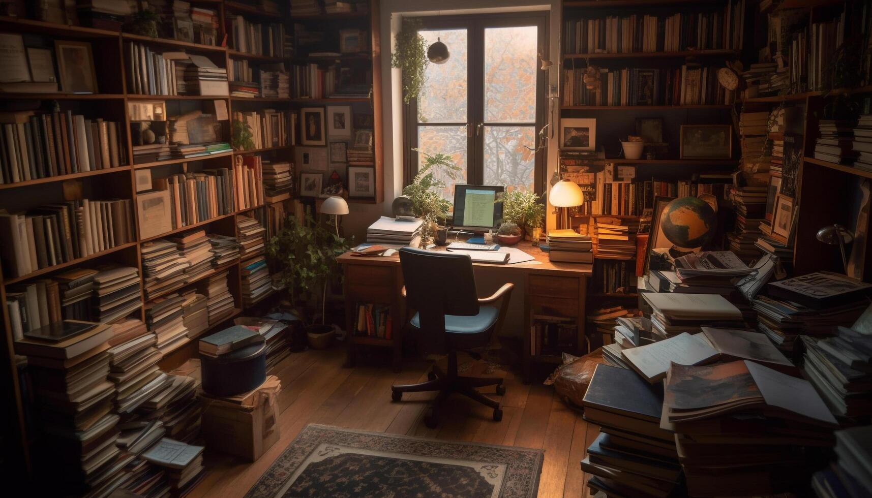 Modern library collection on antique bookshelf illuminates home interior design generated by AI photo