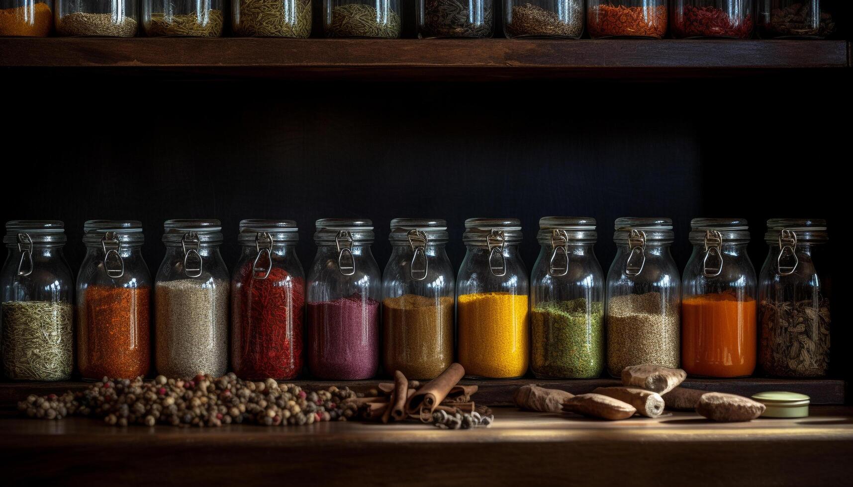 Organic herbs and spices in glass jars for healthy seasoning generated by AI photo