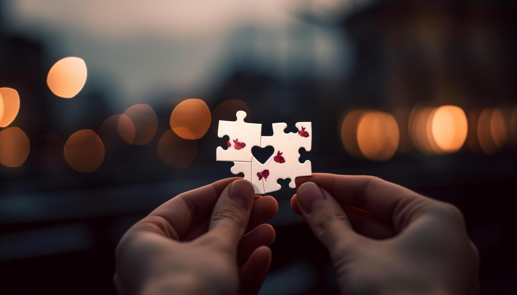 Teamwork success Holding jigsaw puzzle pieces, solving solution together generated by AI photo