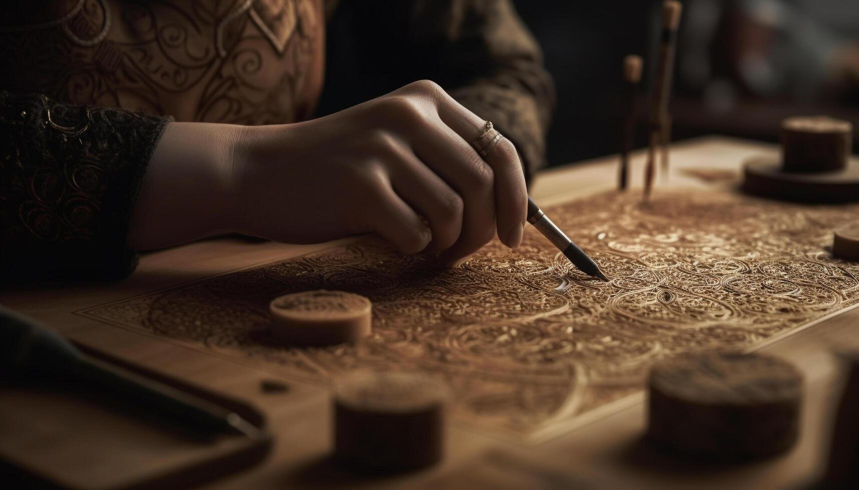 Craftsperson expertise in carpentry shown through precise cutting and carving generated by AI photo