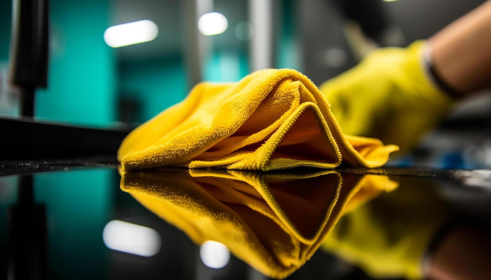 Close up of a human hand polishing shiny yellow car generated by AI photo