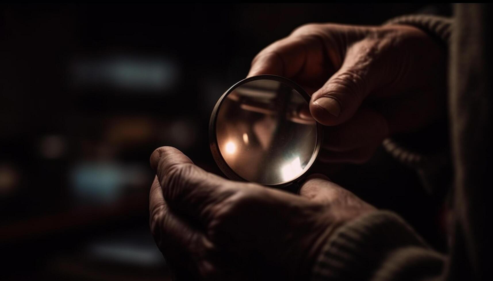 Senior scientist examining material with magnifying glass in close up generated by AI photo