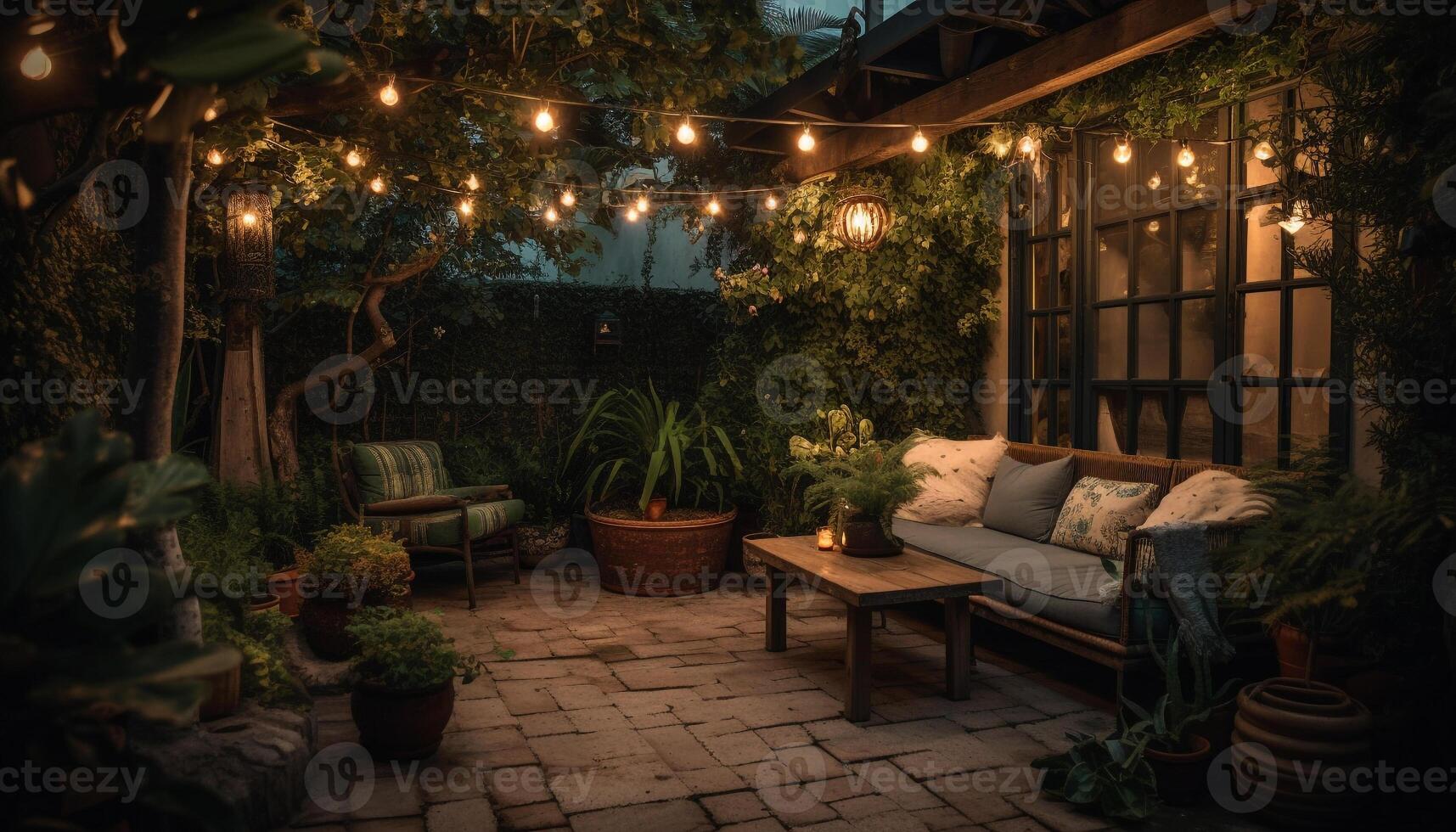 Comfortable chair under illuminated tree brings relaxation to home interior generated by AI photo