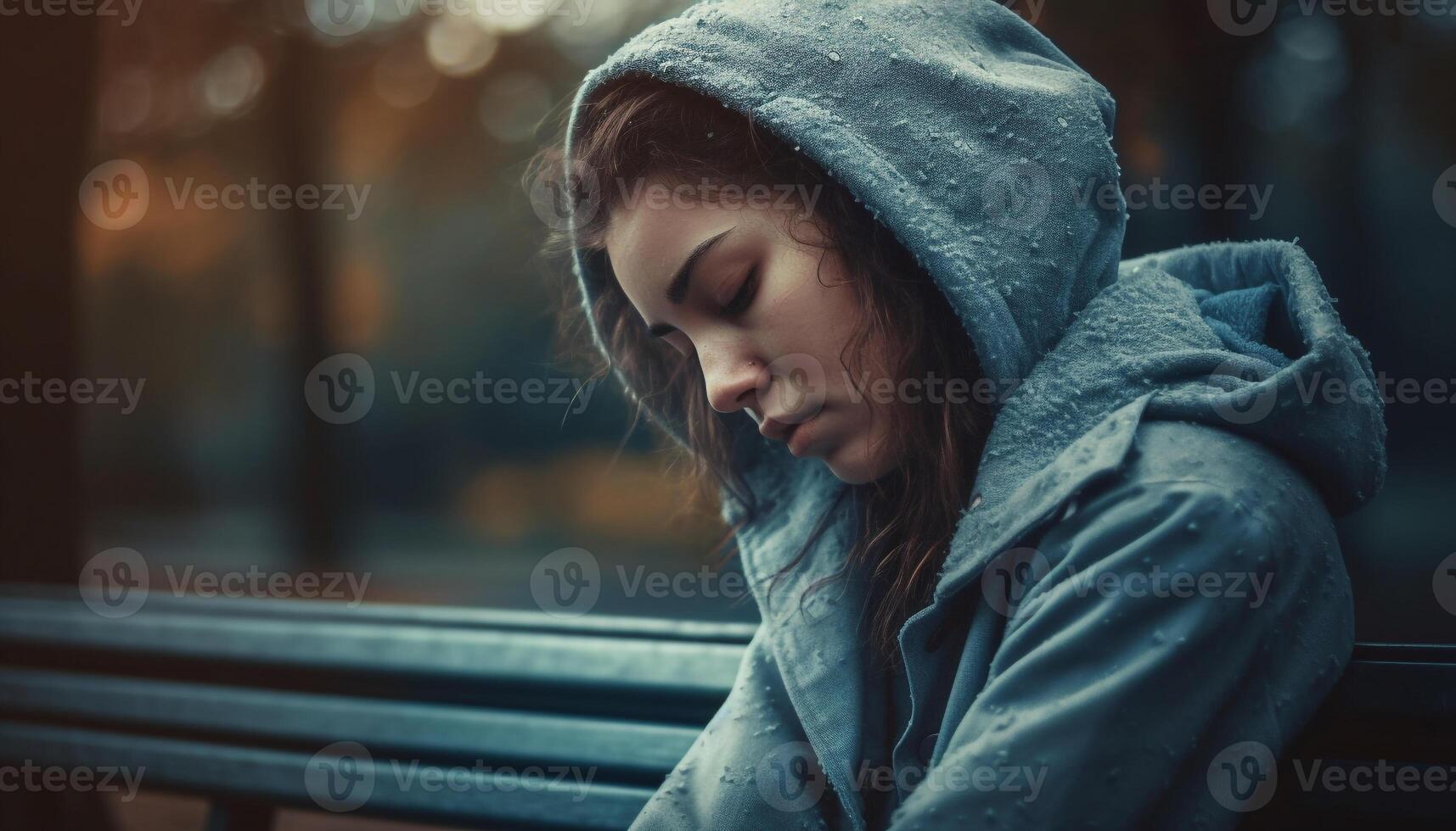 Lonely young woman in the rain, feeling sadness and hopelessness generated by AI photo