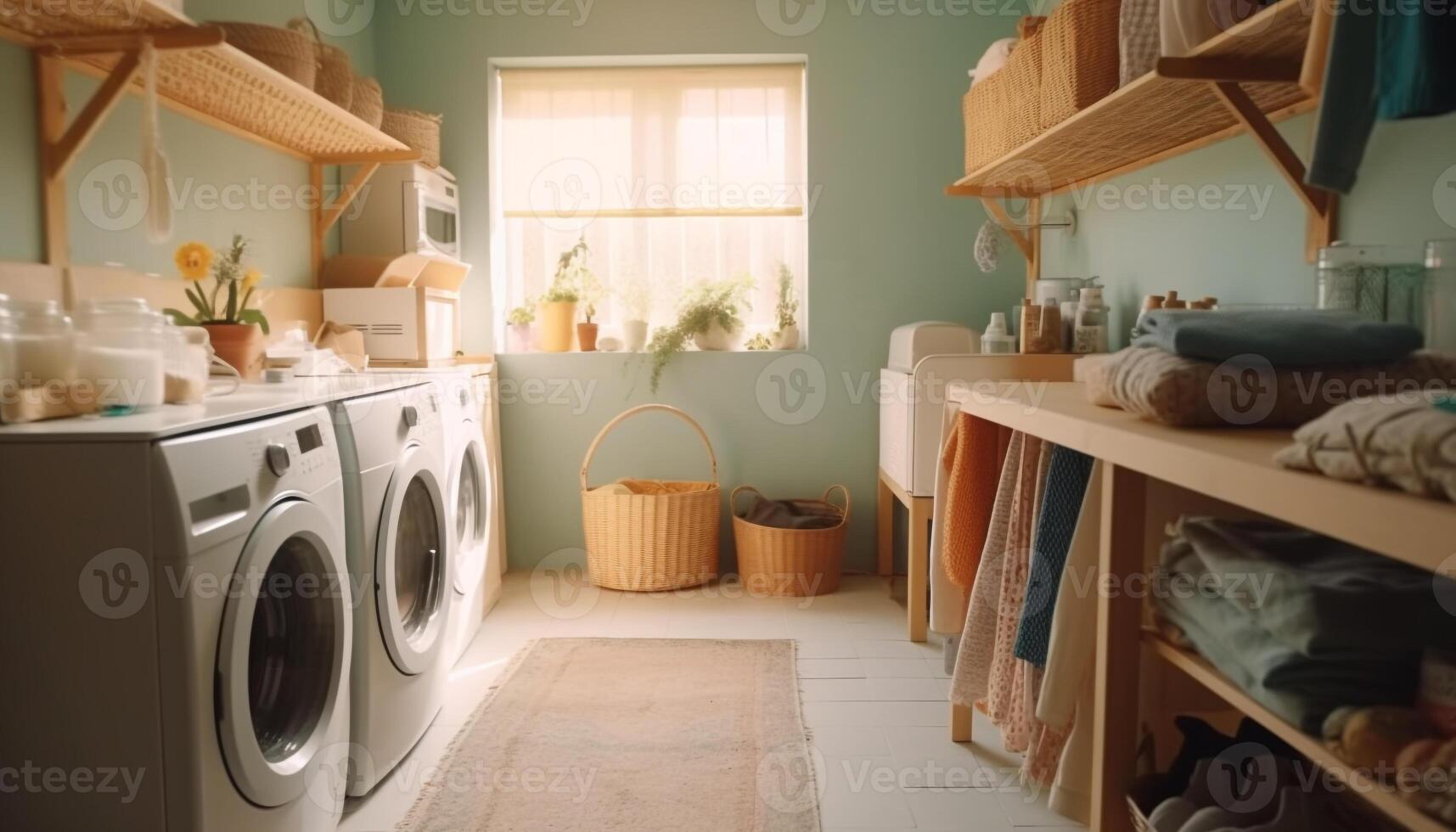 Modern domestic kitchen with clean laundry and fresh elegance generated by AI photo