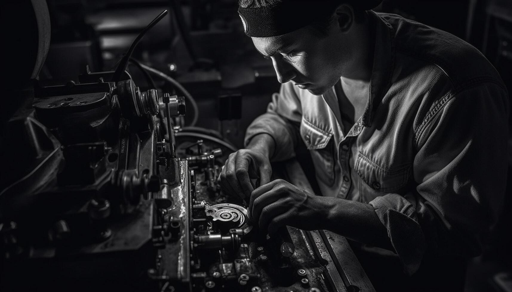 One skilled mechanic examining machinery with confidence in workshop generated by AI photo