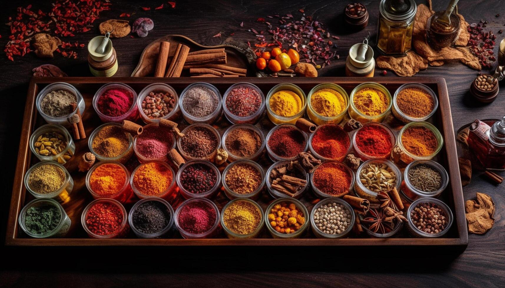 A multi colored spice collection paprika, turmeric, anise, clove, cumin generated by AI photo