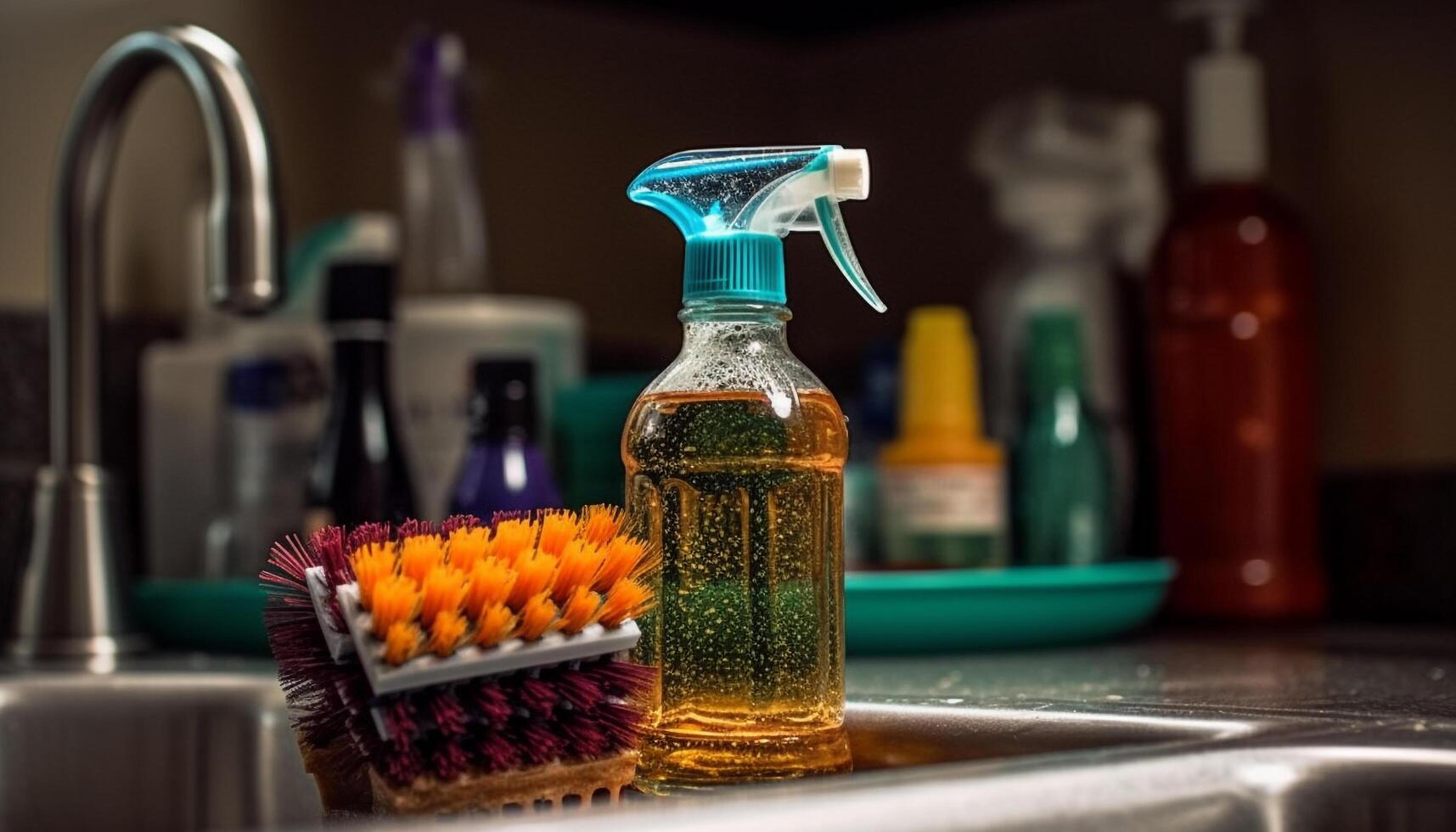 Clean kitchen sink with fresh soap and hygiene equipment generated by AI photo