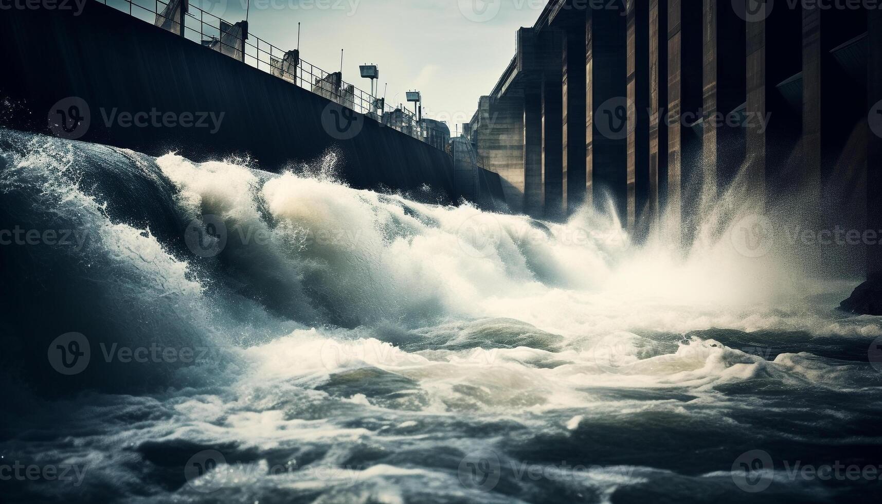 Hydroelectric power station generates electricity from flowing water breaking over dam generated by AI photo