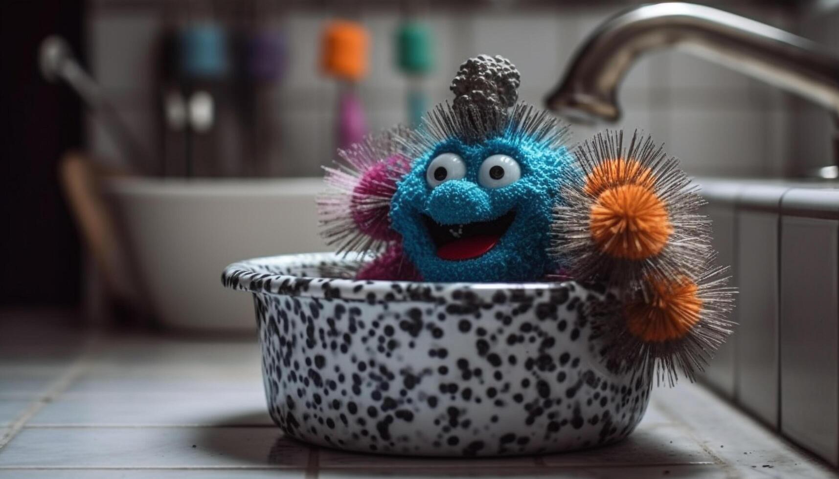 Cute animal enjoys homemade food from colorful bowl in kitchen sink generated by AI photo