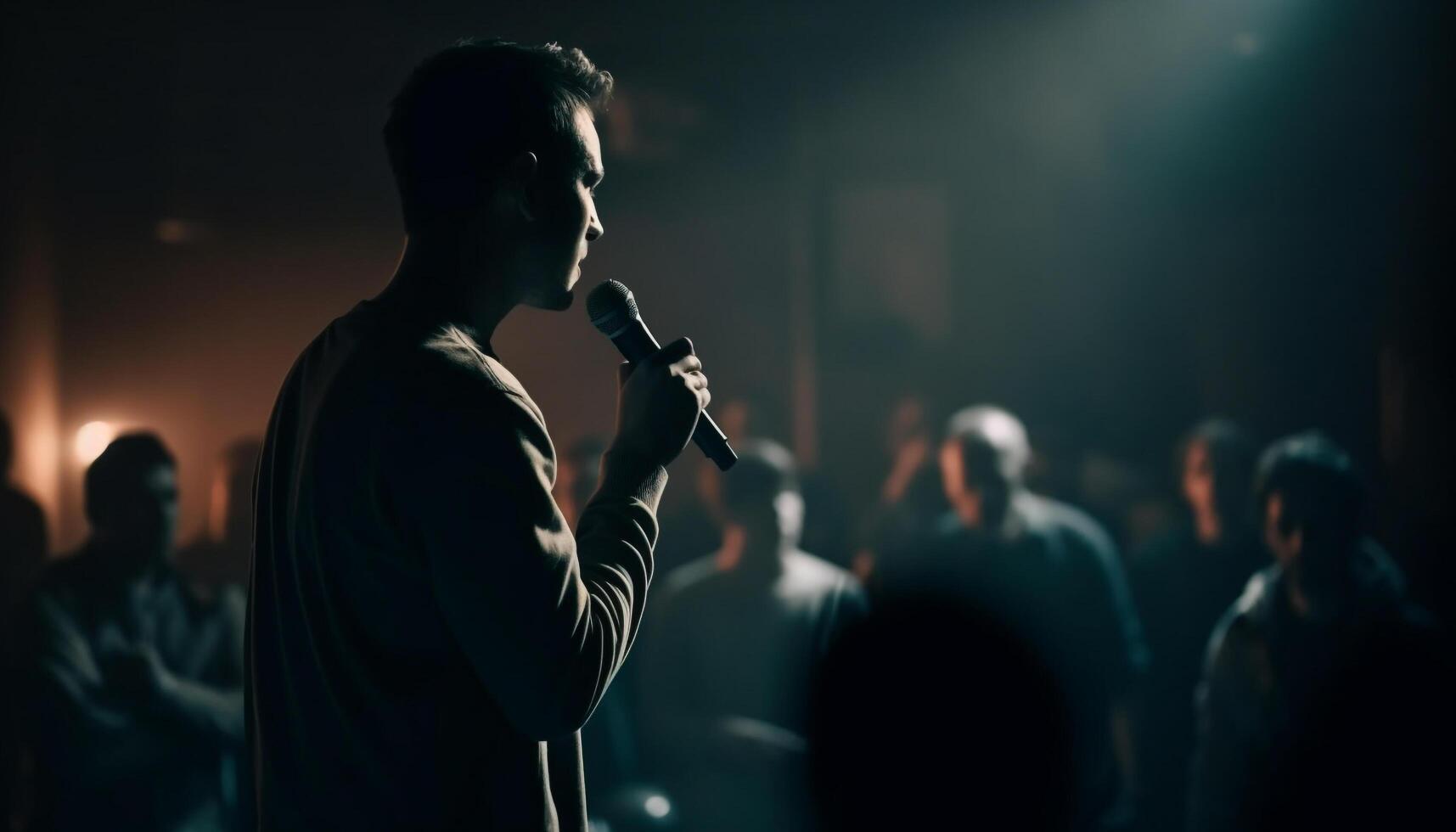 The guitarist playing under the stage light, holding the microphone generated by AI photo