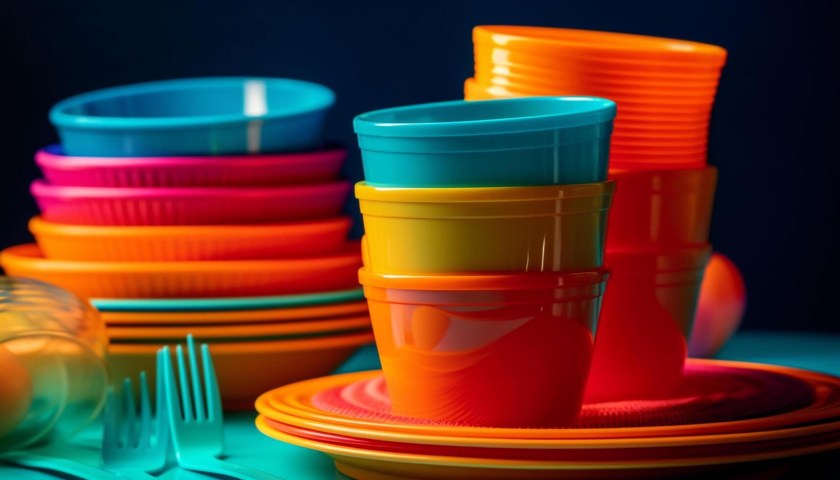 A vibrant collection of multi colored crockery in a close up generated by AI photo