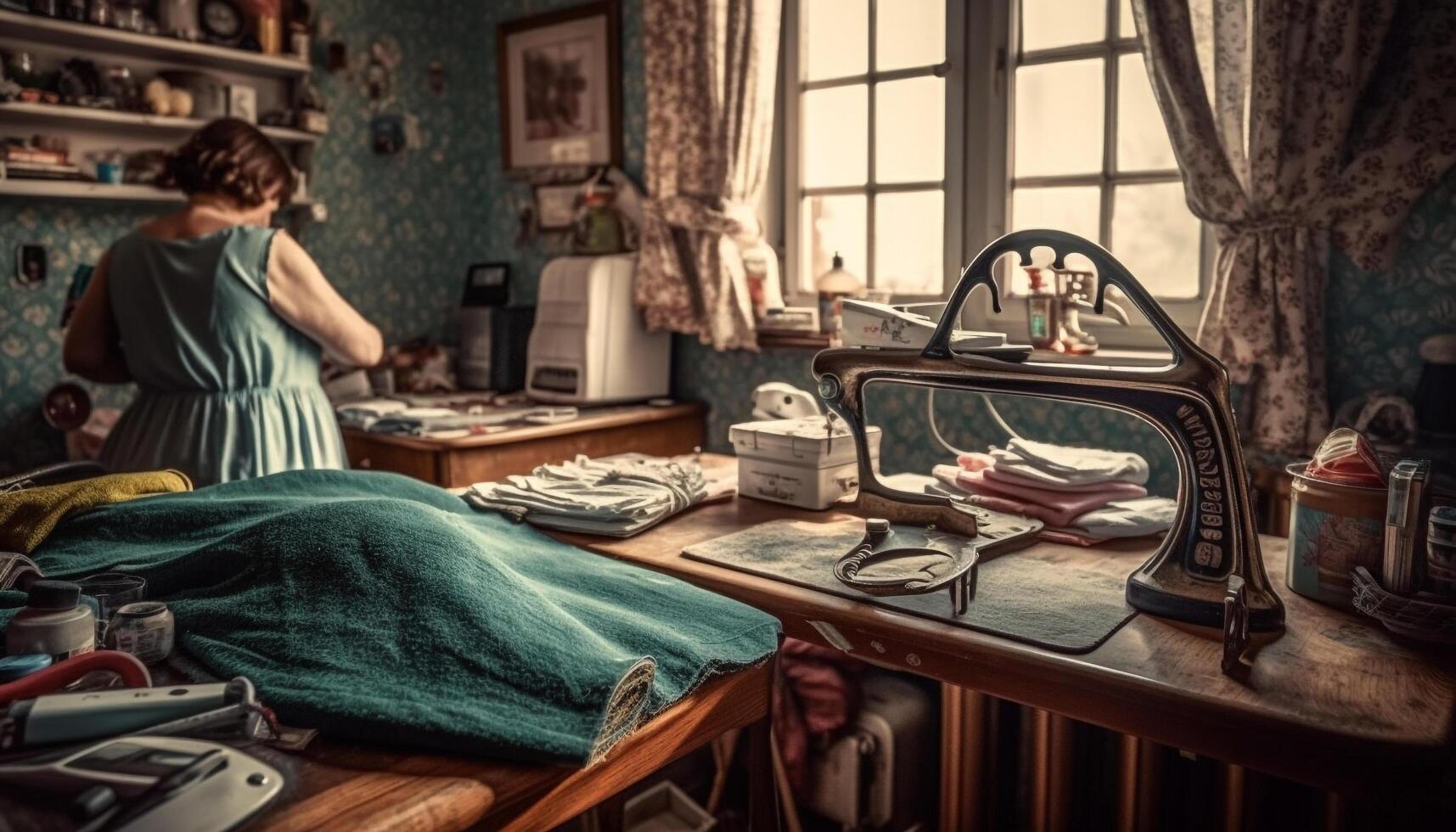Craftsperson sews leather shoes on wooden table in workshop generated by AI photo