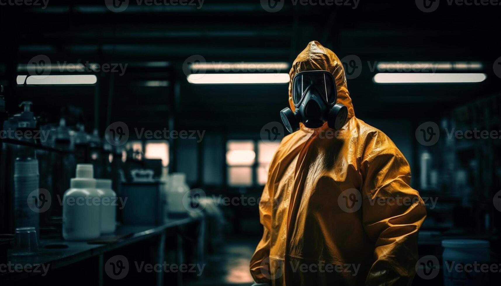 One man in protective workwear and mask working in factory generated by AI photo