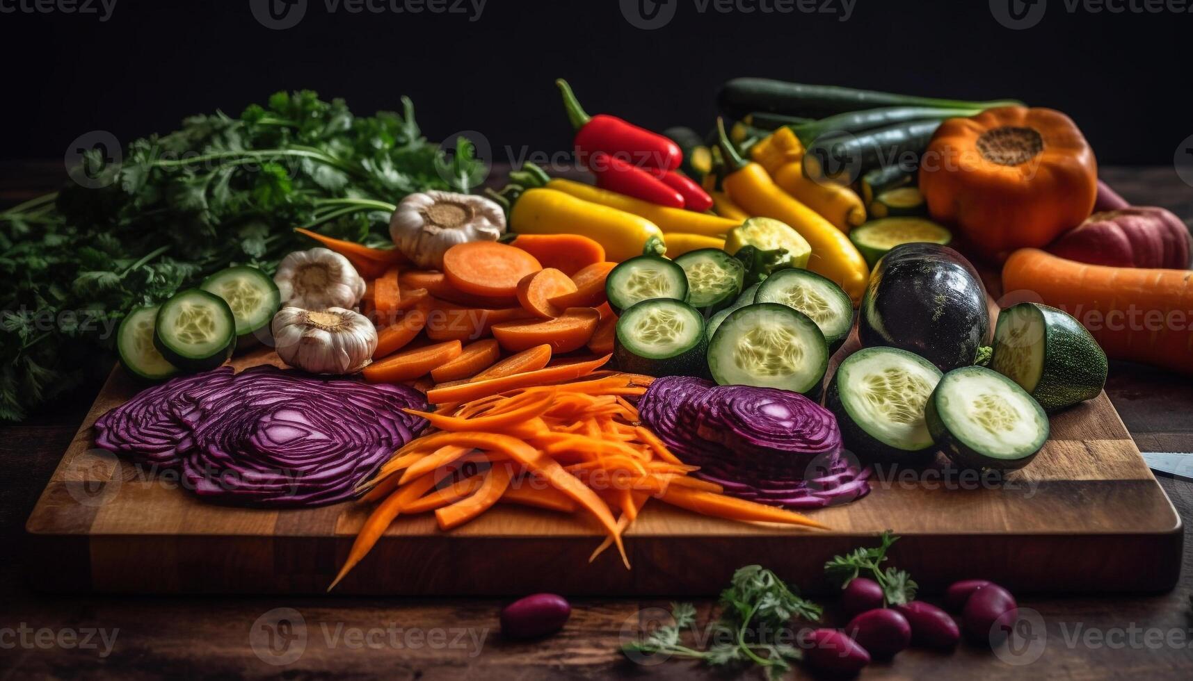 Fresh, healthy salad with organic vegetables and multi colored fruit slices generated by AI photo