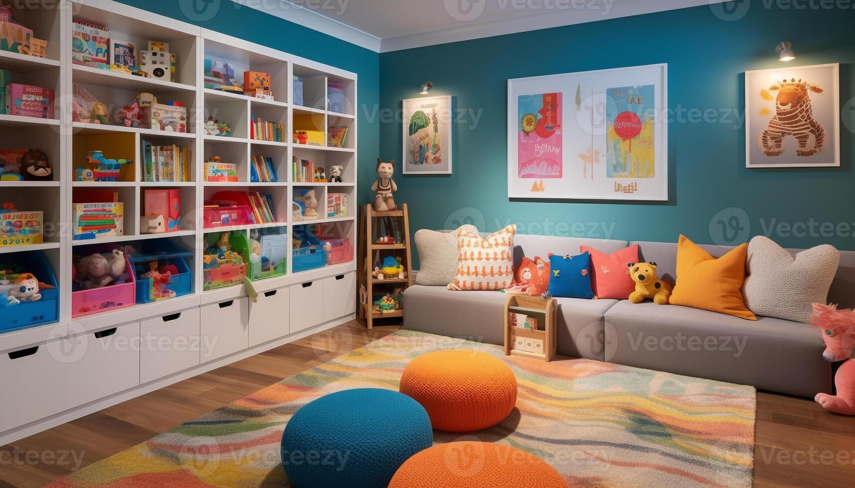 Colorful playroom with modern design and cute toy decoration generated by AI photo