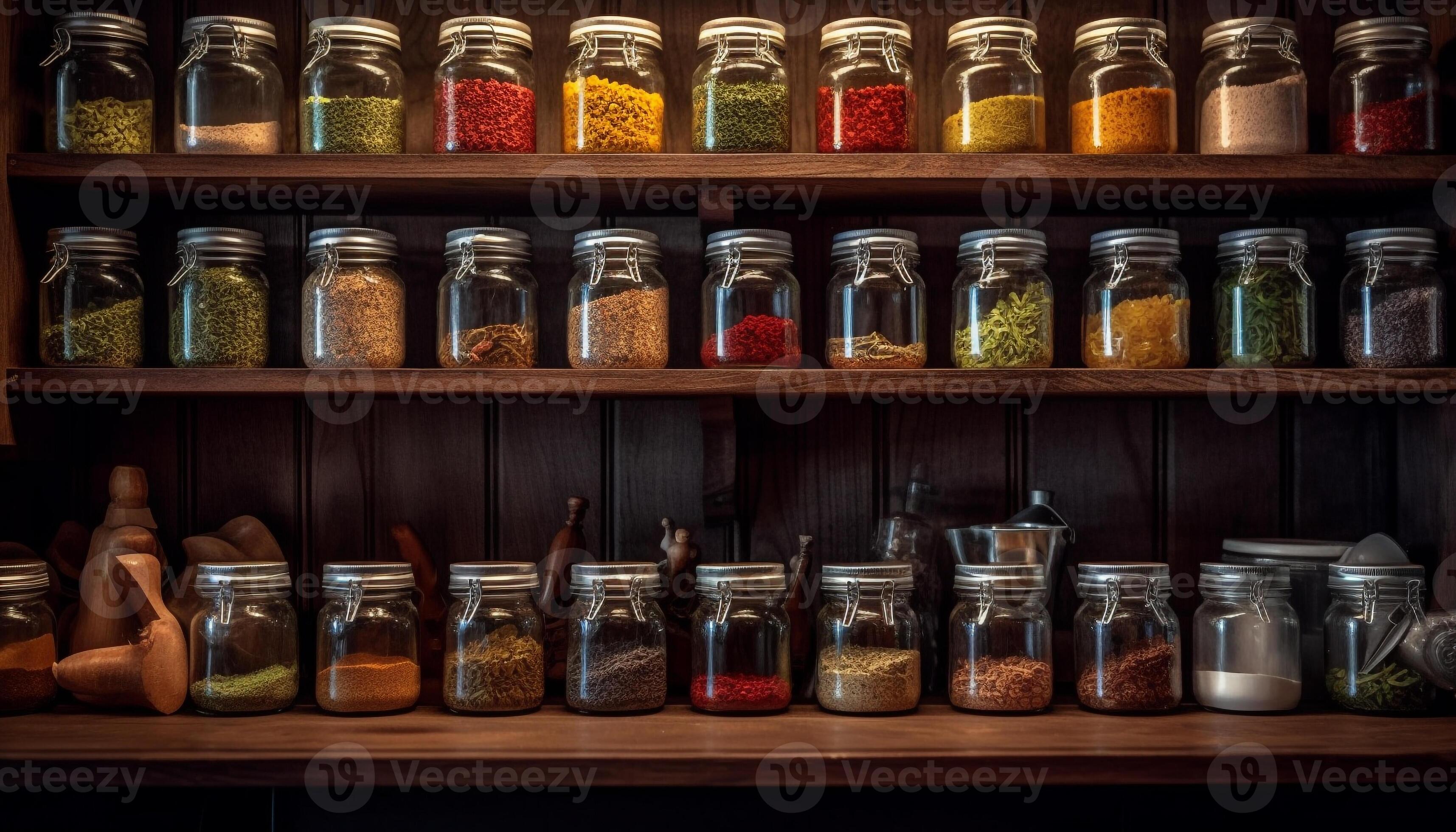 https://static.vecteezy.com/system/resources/previews/025/493/552/large_2x/a-large-collection-of-multi-colored-spice-jars-on-wooden-shelf-generated-by-ai-photo.jpg