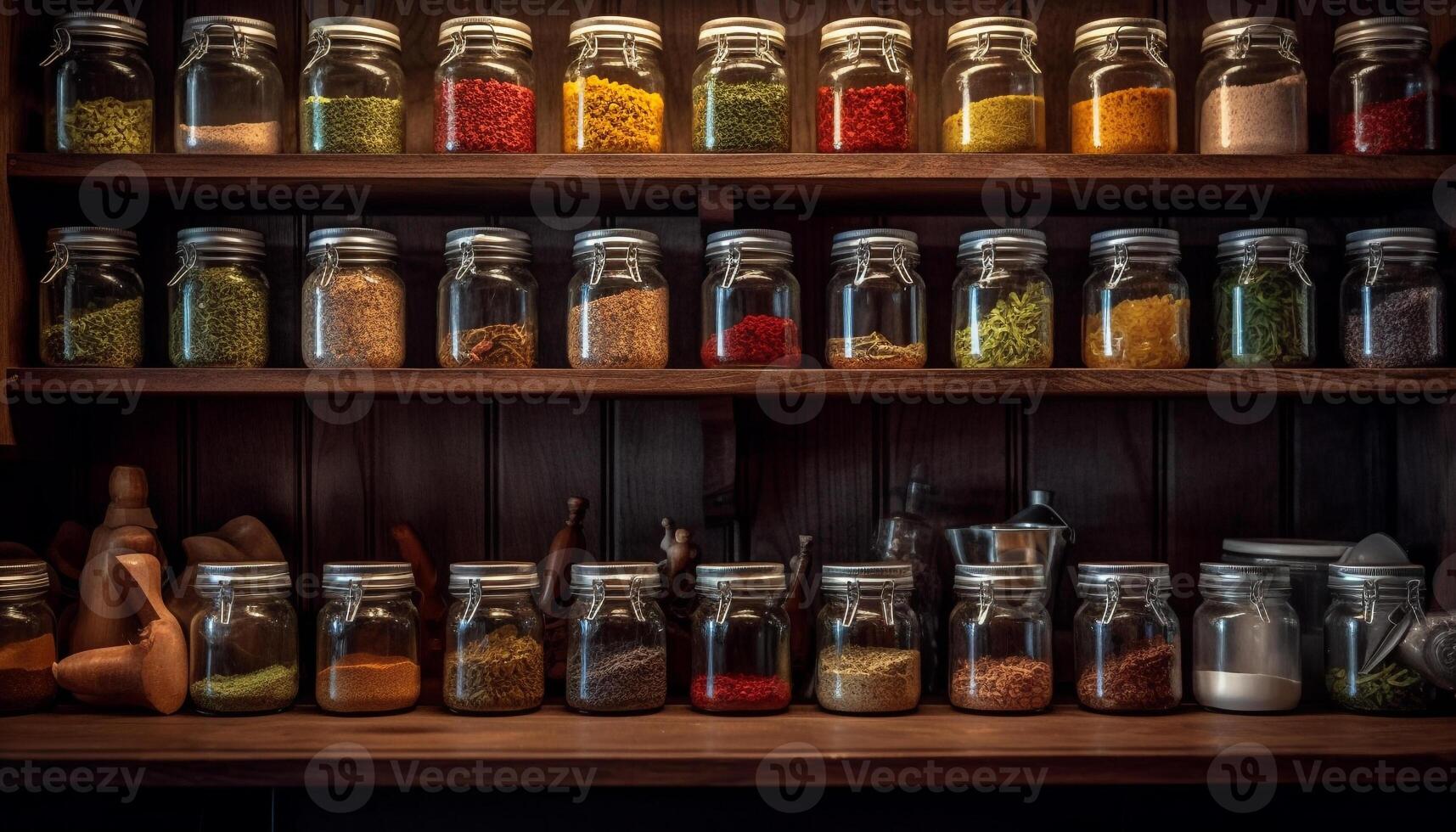 A large collection of multi colored spice jars on wooden shelf generated by AI photo