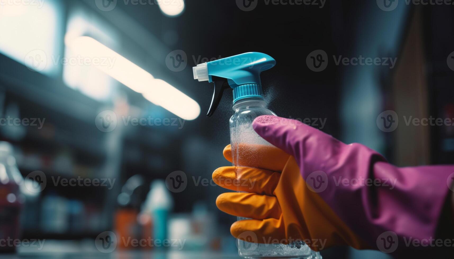 One person holding bottle, spraying liquid with protective glove indoors generated by artificial intelligence photo