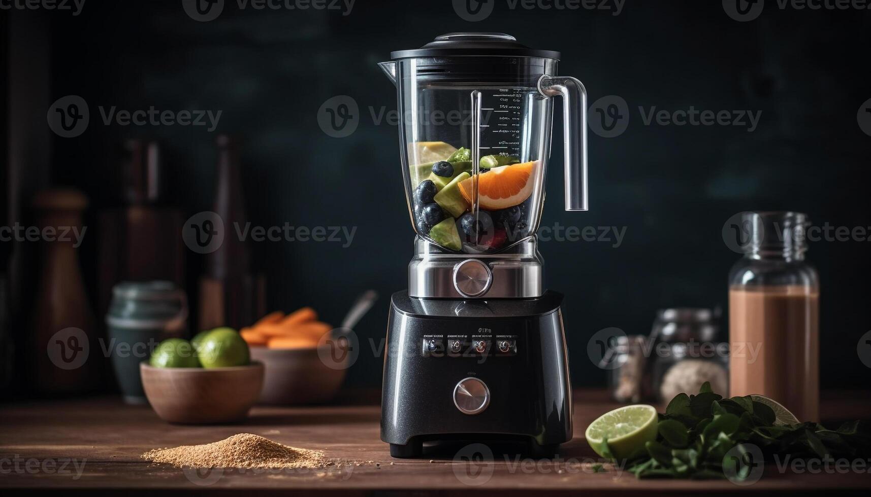 Fresh organic fruit cocktail, mixed with electric juicer and blender generated by AI photo