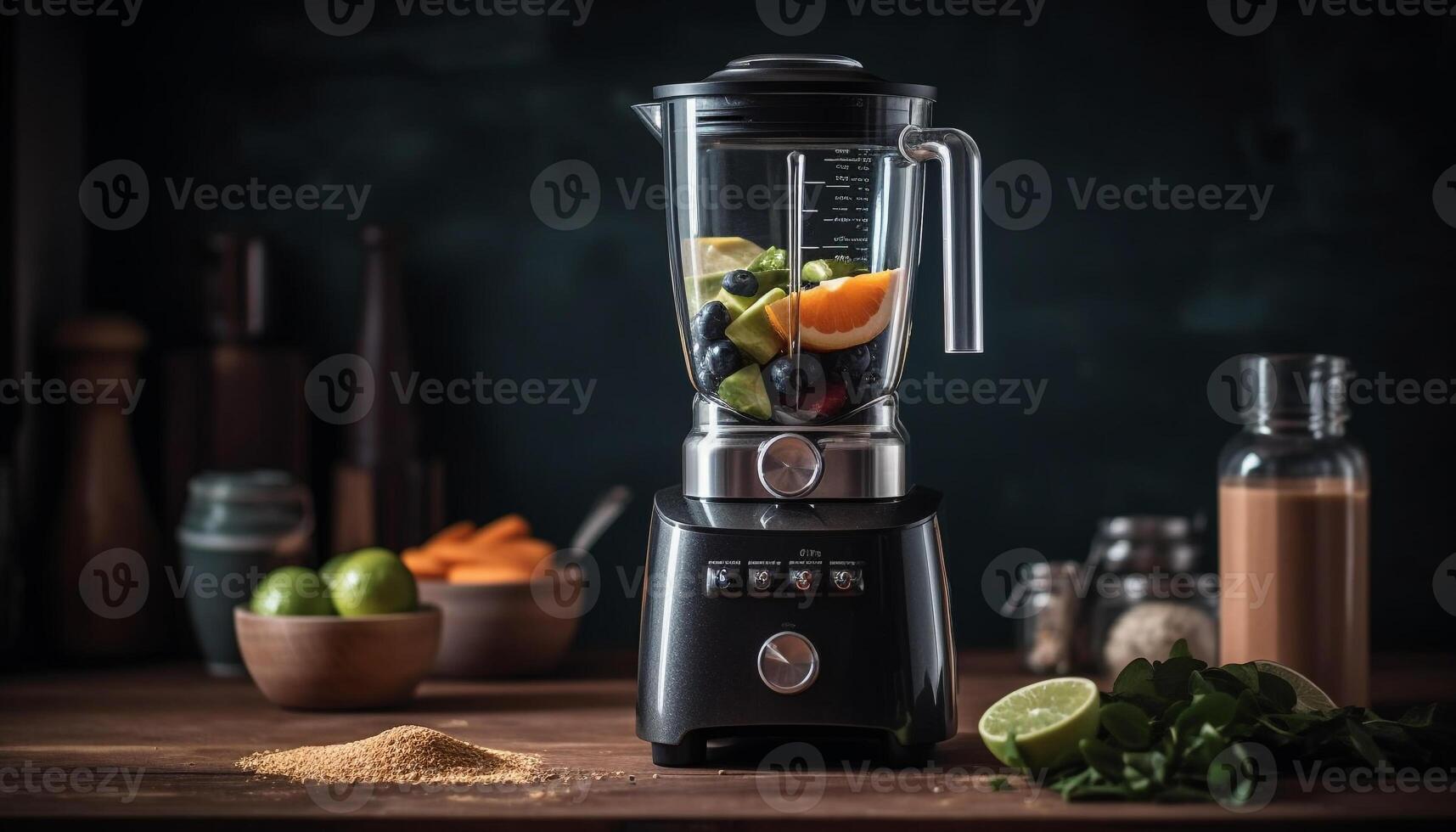 Fresh fruit smoothie made with electric blender generated by AI