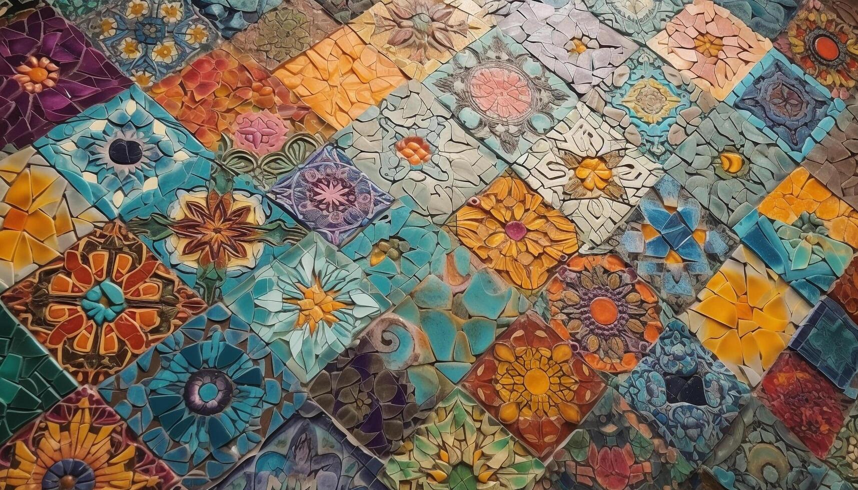 Turkish culture inspires ornate geometric shapes in vibrant patchwork design generated by AI photo