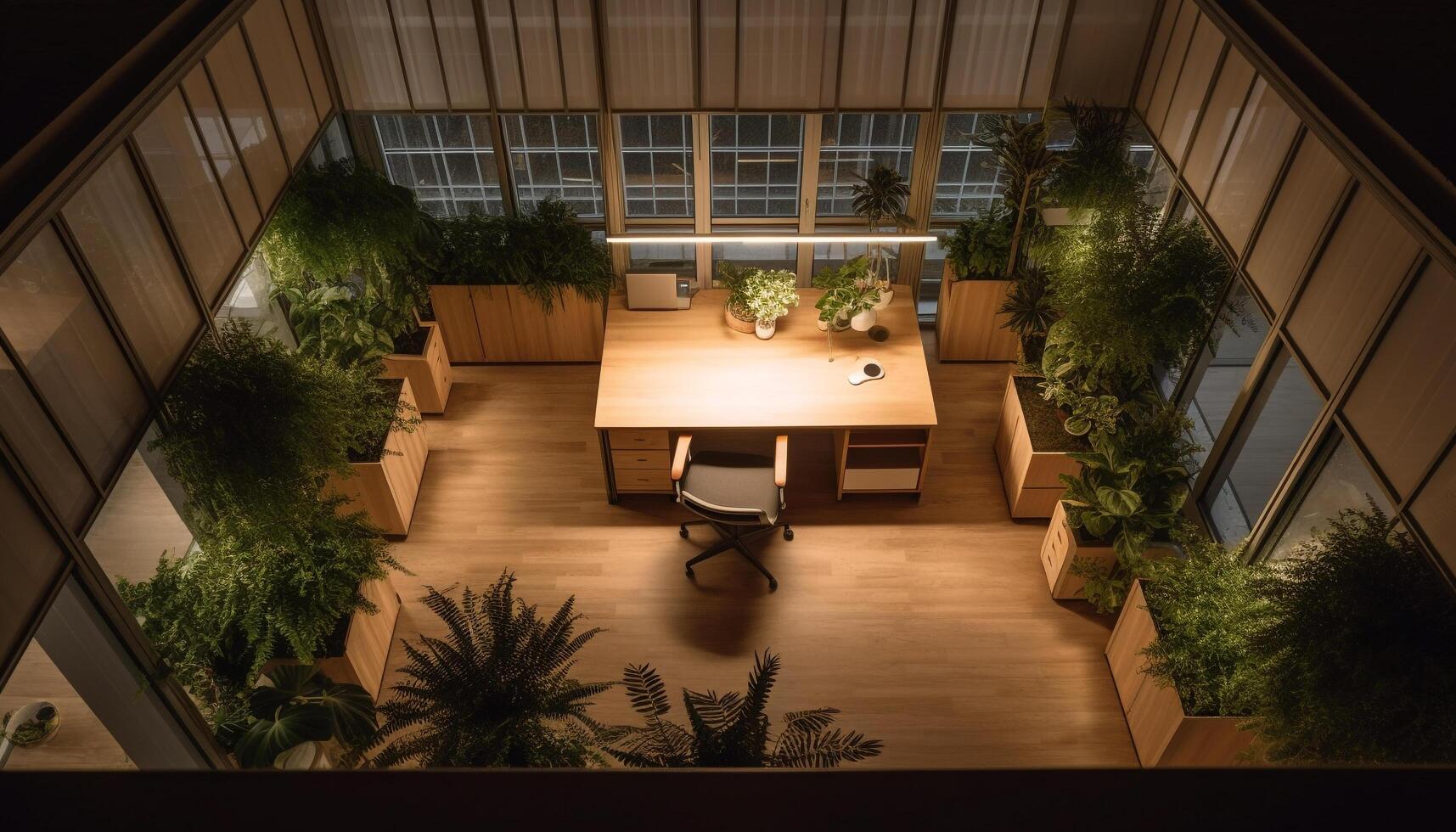 moderno oficina con cómodo sillas, elegante decoración, y iluminado tecnología generado por ai foto