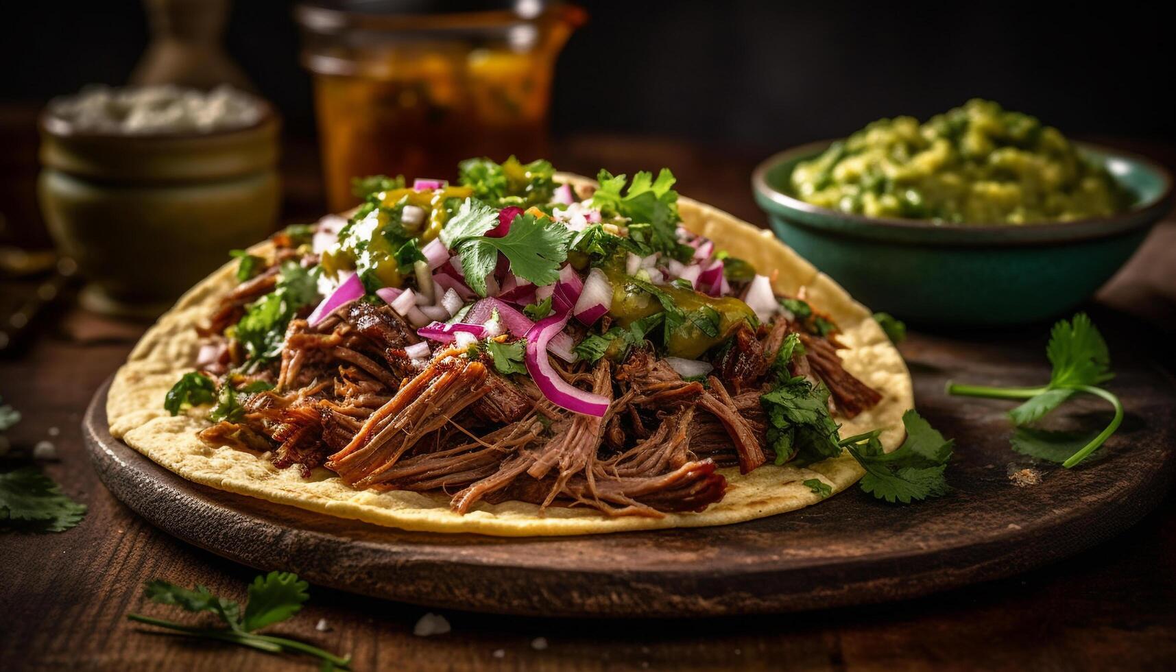 Grilled steak taco with homemade guacamole, fresh cilantro, and lime generated by AI photo