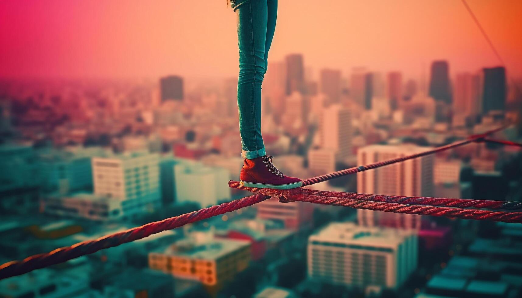 One person balances on tightrope, conquering city skyline at sunset generated by AI photo