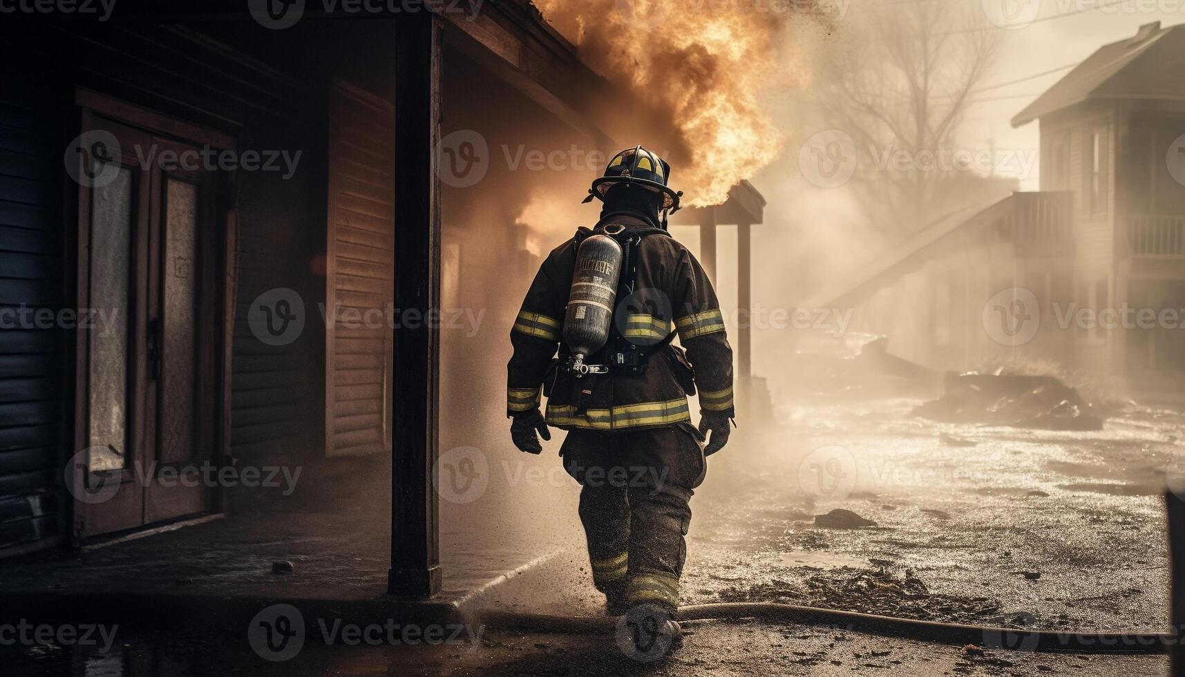 Firefighters spraying water on burning building, protecting built structure from inferno generated by AI photo
