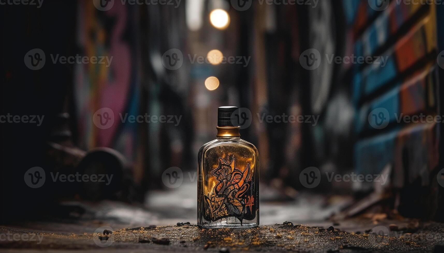 A burning flame illuminates the old glass bottle on table generated by AI photo