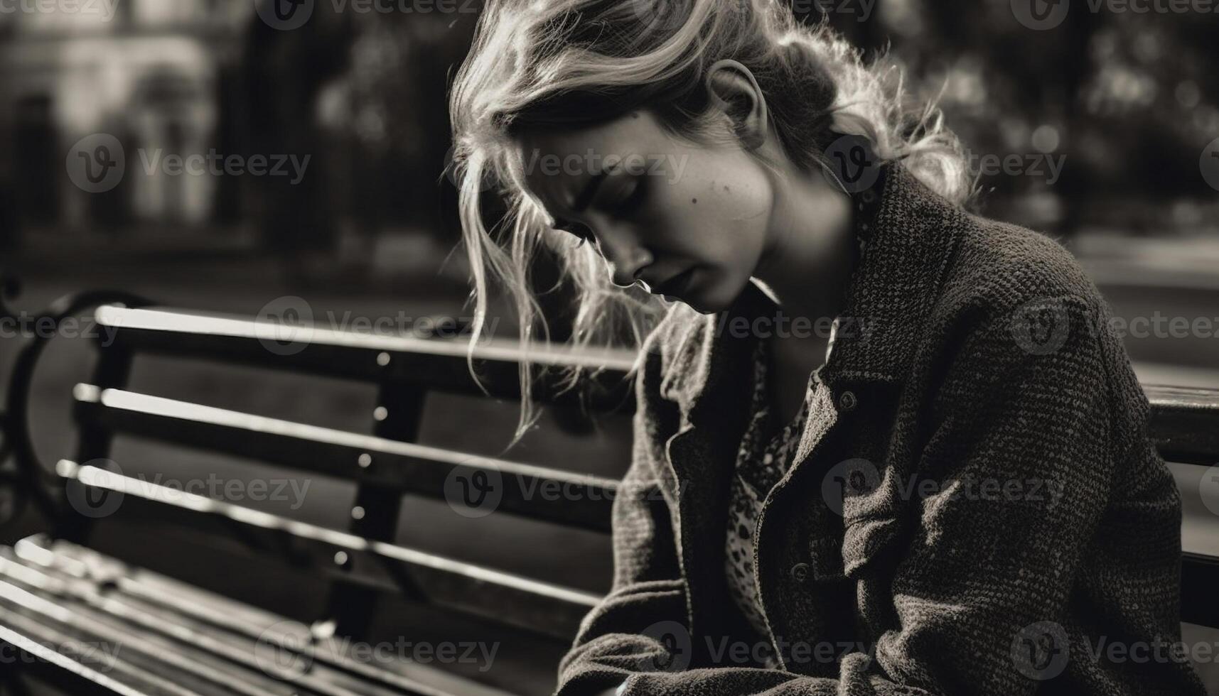 A young woman sits alone on a bench in nature generated by AI photo