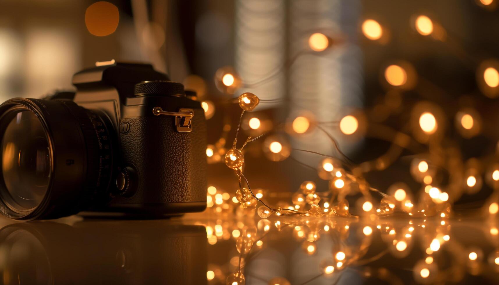 The photographer used an old fashioned camera to capture the glowing decoration generated by AI photo