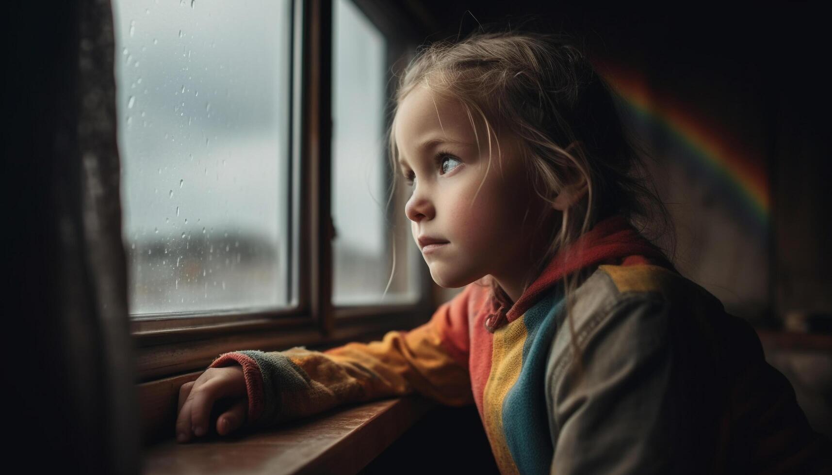 A sad girl sitting indoors, looking through the raindrop window generated by AI photo