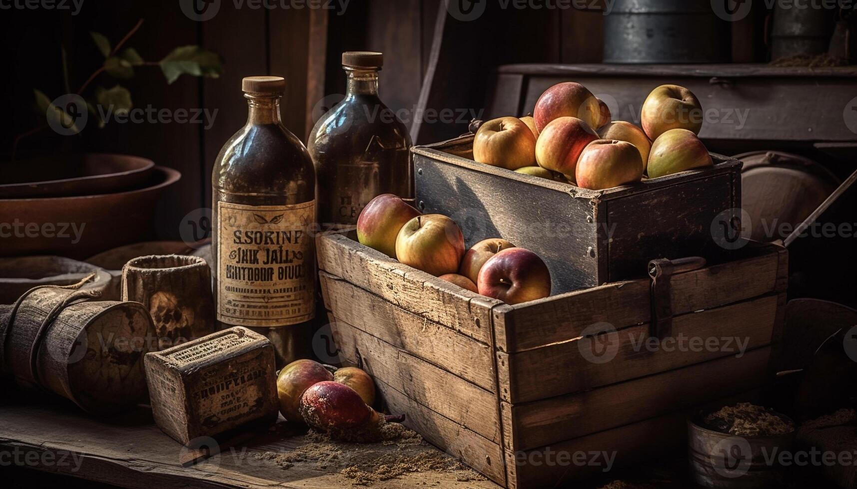 rústico manzana caja sostiene Fresco orgánico cosecha para sano comiendo generado por ai foto