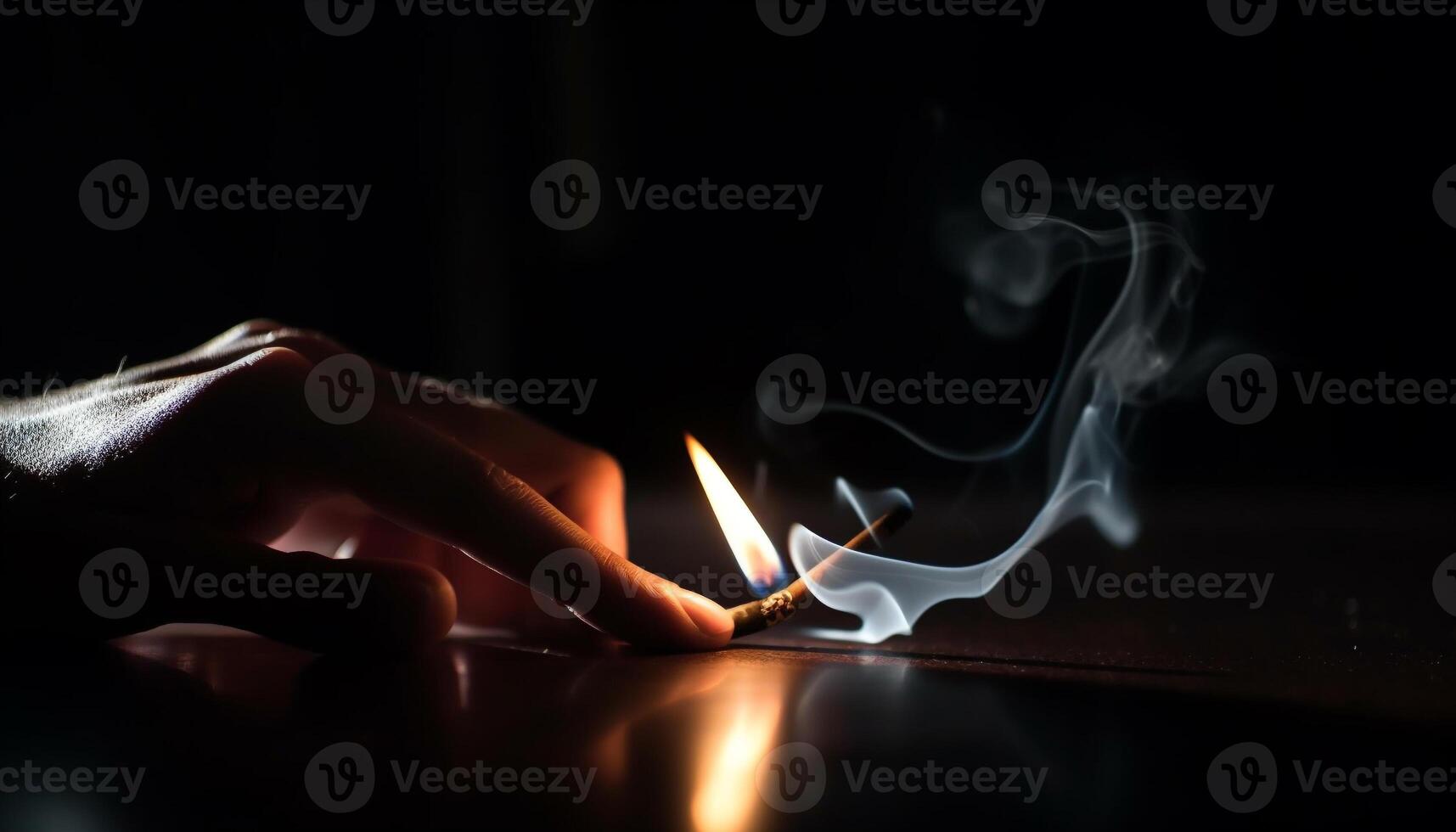 Burning cigarette ignites flame, smoking issues and unhealthy living risk generated by AI photo