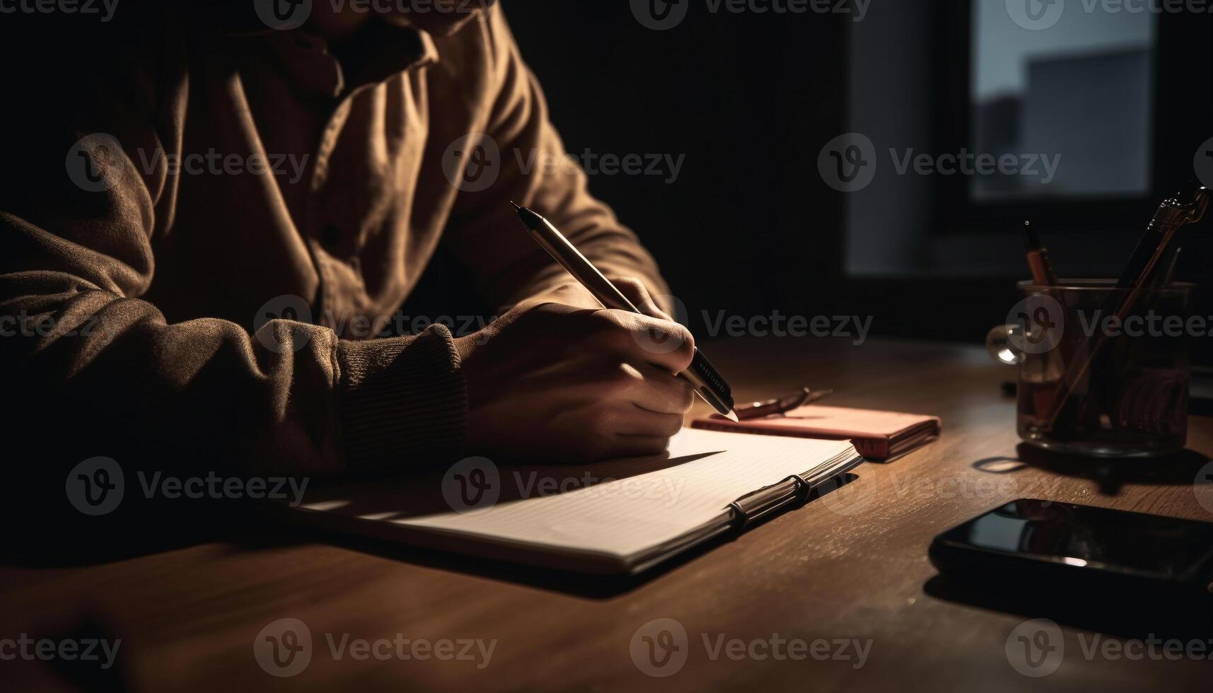One businessman sitting at desk, holding pen, studying document generated by AI photo