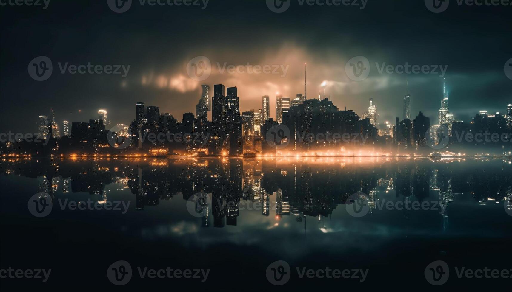 Lower Manhattan skyline reflects on the waterfront at dusk generated by AI photo