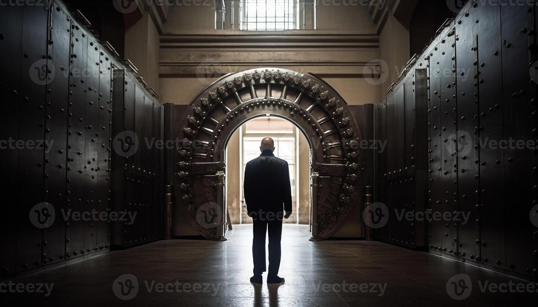 The businessman in a suit is walking through the dark corridor generated by AI photo